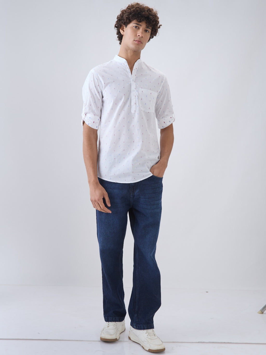 Nick&Jess Mens 100% Cotton Embroidery mens slim Fit with roll up long Sleeve Henley short Kurta Shirt