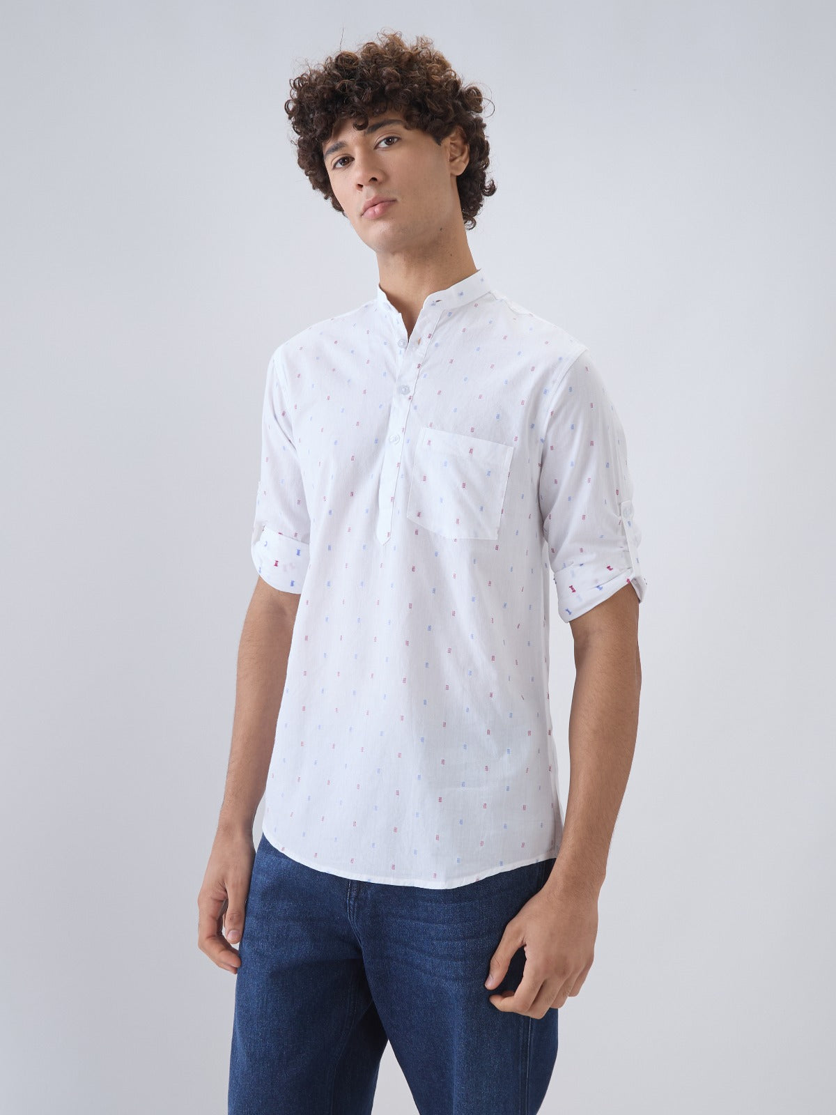 Nick&Jess Mens 100% Cotton Embroidery mens slim Fit with roll up long Sleeve Henley short Kurta Shirt