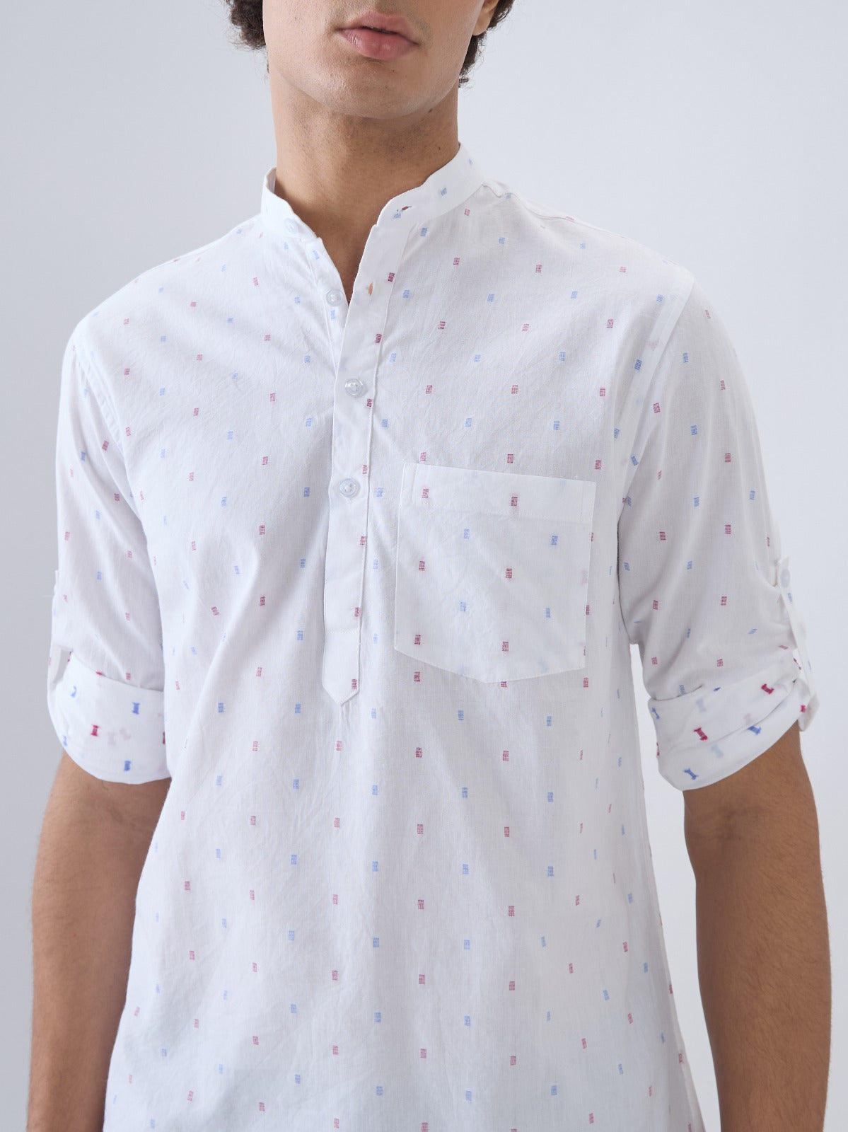 Nick&Jess Mens 100% Cotton Embroidery mens slim Fit with roll up long Sleeve Henley short Kurta Shirt