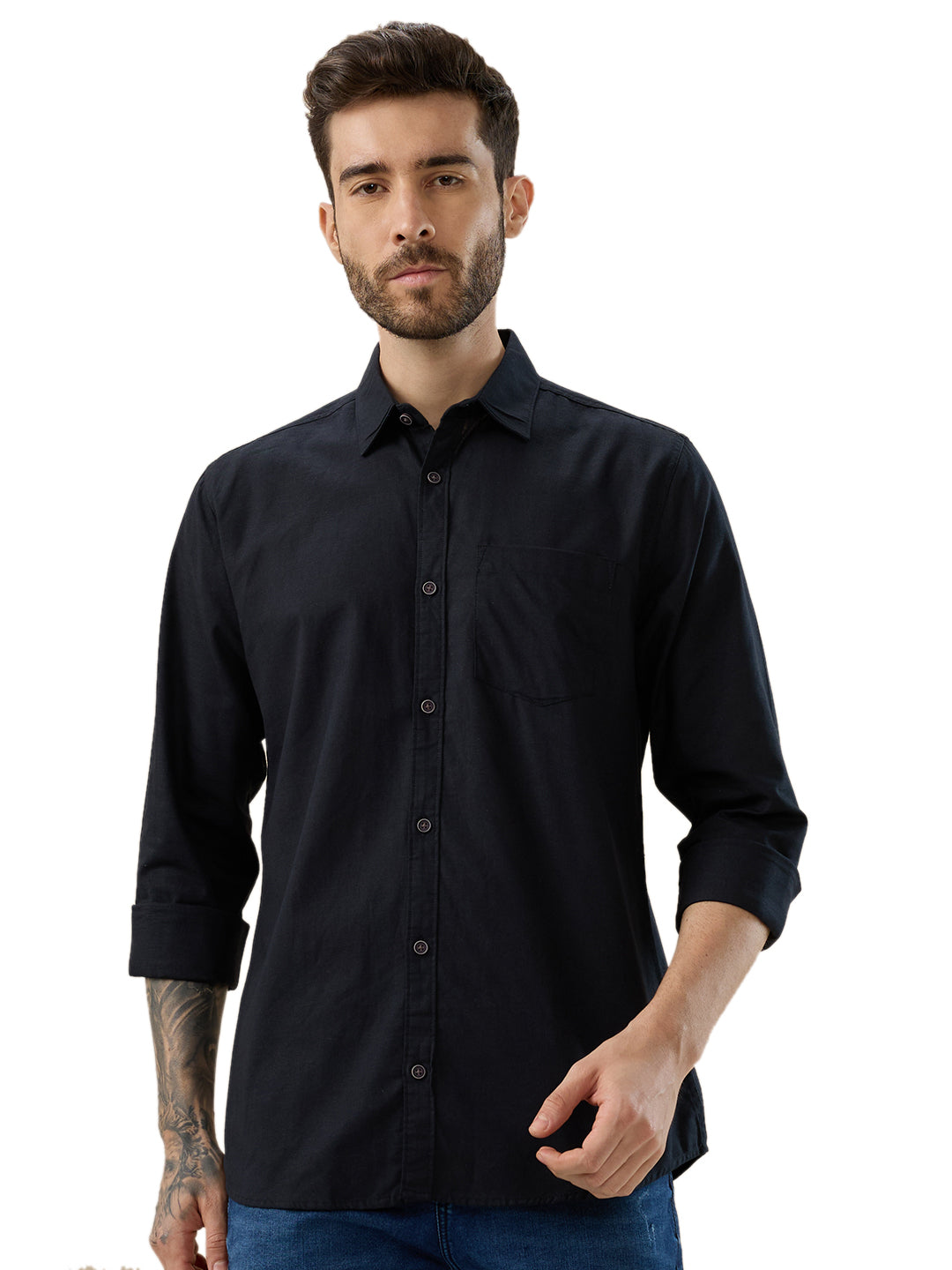 nick&jess 100% Cotton Mens Linen Blend Solid Color Black Slim Fit Long Sleeves Shirt