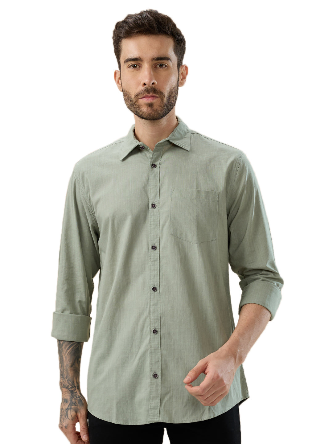 nick&jess 100% Cotton Mens Linen Blend Solid Color Green Slim Fit  Long Sleeves Shirt