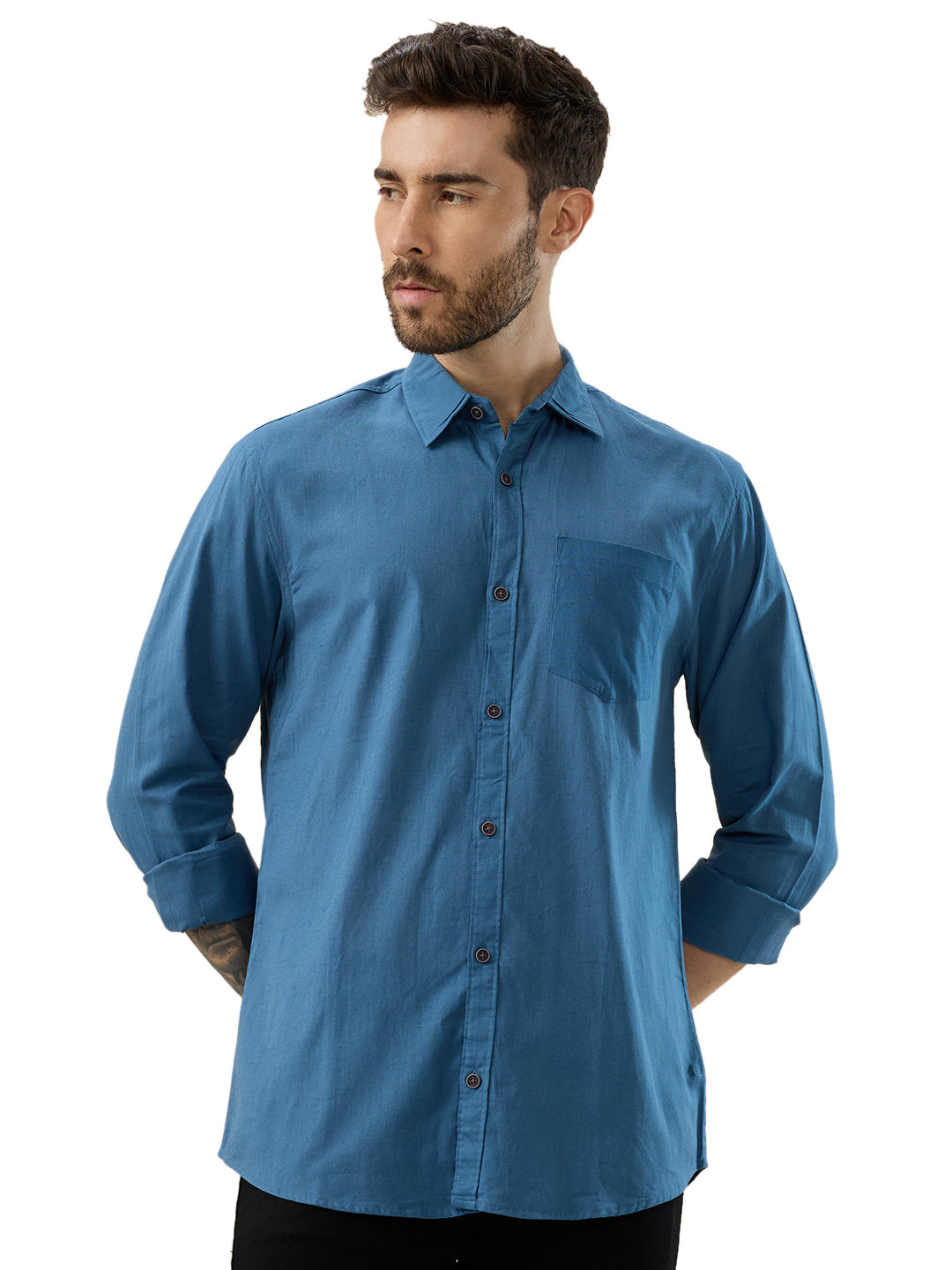 nick&jess 100% Cotton Mens Linen Blend Solid Color Royal Blue Slim Fit Long Sleeves Shirt