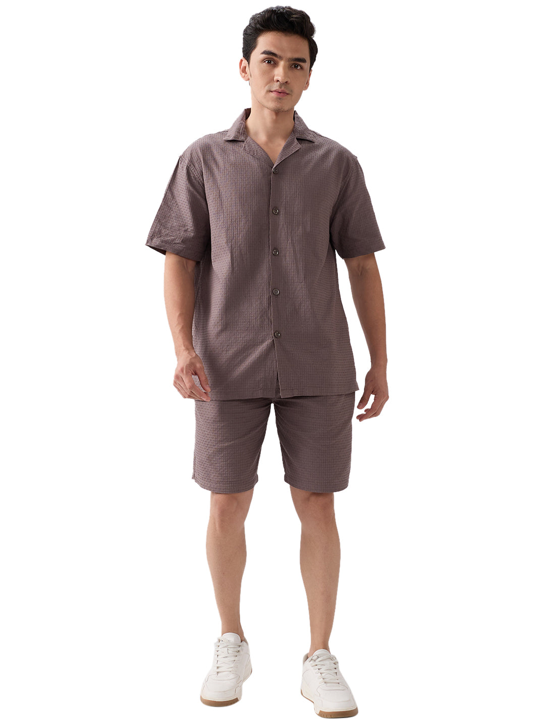 nick&jess mens 100% Cotton Solid Medium Coffee Color With Dobby Texture Mens Co-ord set