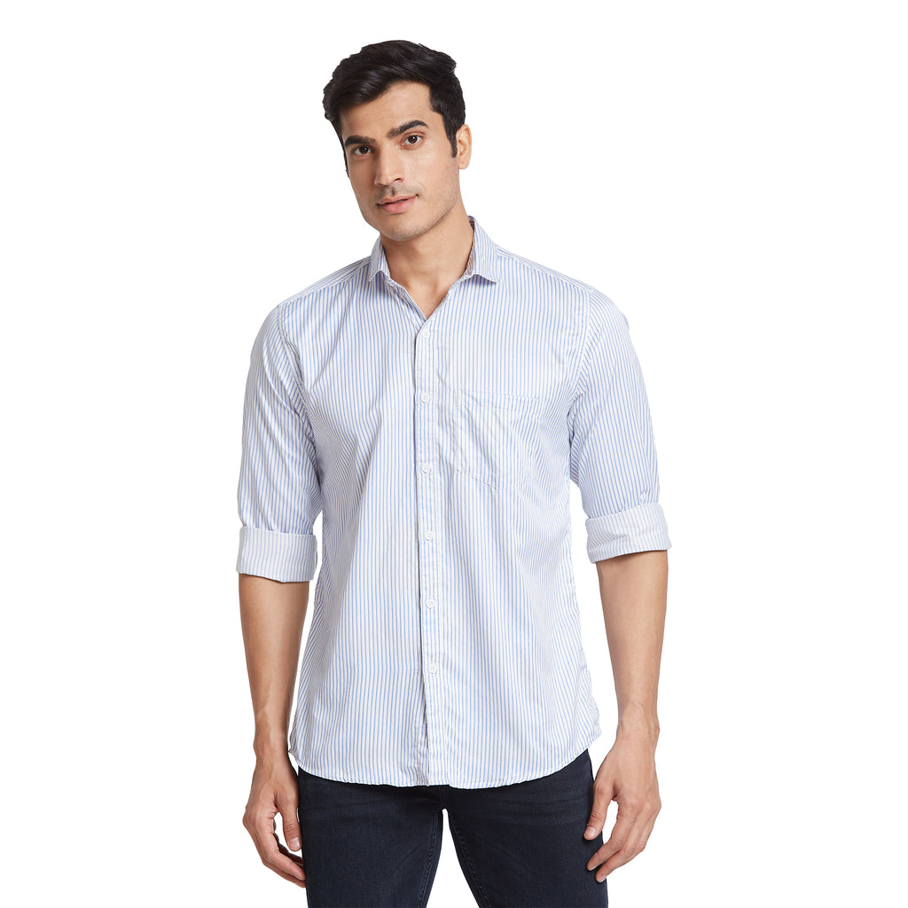 Nick&Jess Striped Spread Collar Long Sleeves Slim Fit Classic Cotton Satin Casual Shirt