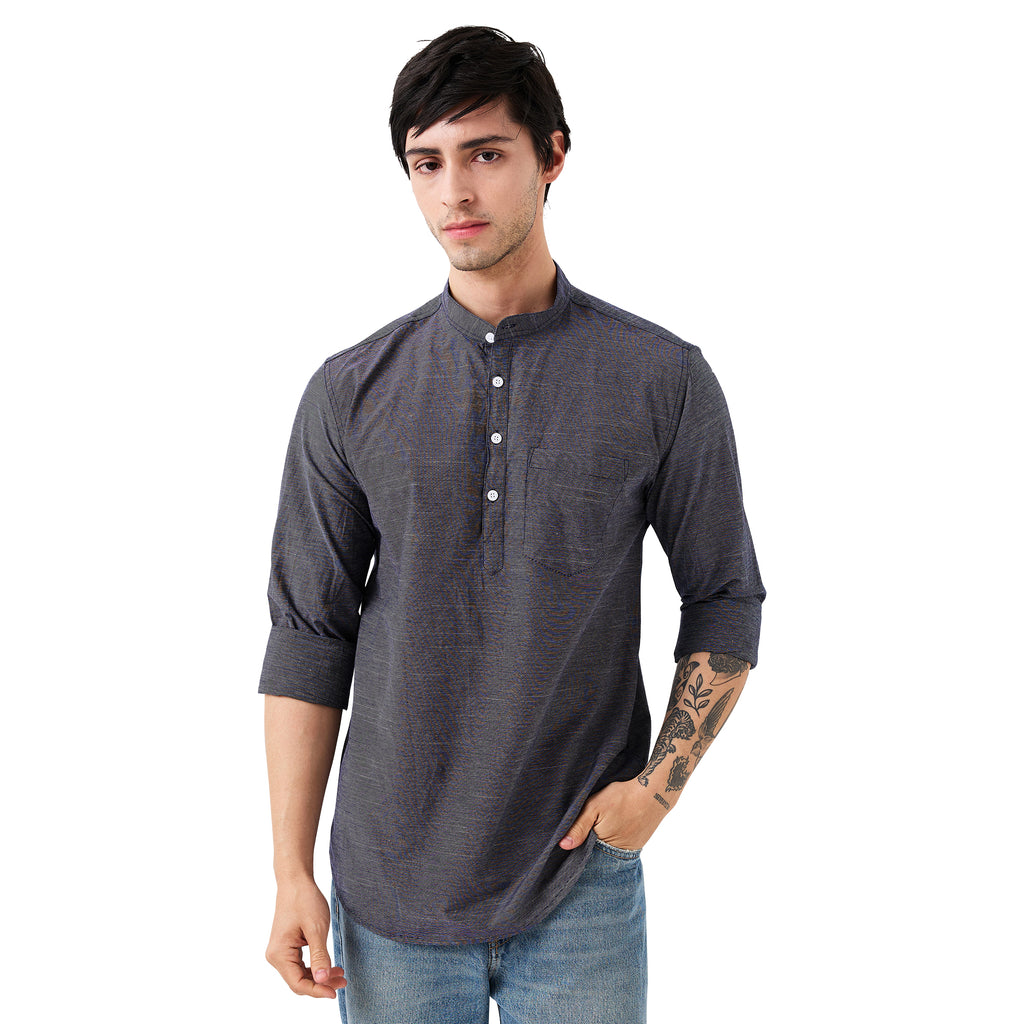 nick&jess Mens Henley Slim Fit 100% Cotton Indigo Stripe Denim Kurta Shirt