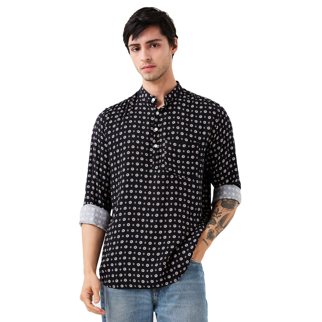 nick&jess Mens Henley Slim Fit 100% Rayon Twill Printed Short Kurta Shirt