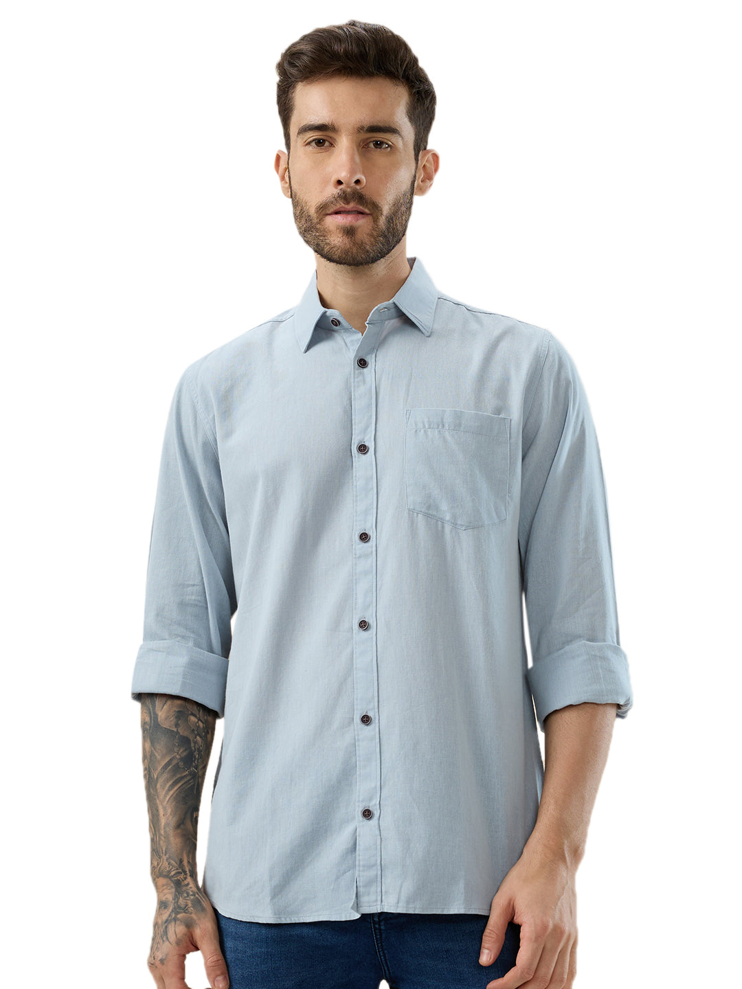nick&jess 100% Cotton Mens Linen Blend Solid Color See Blue Slim Fit Long Sleeves Shirt