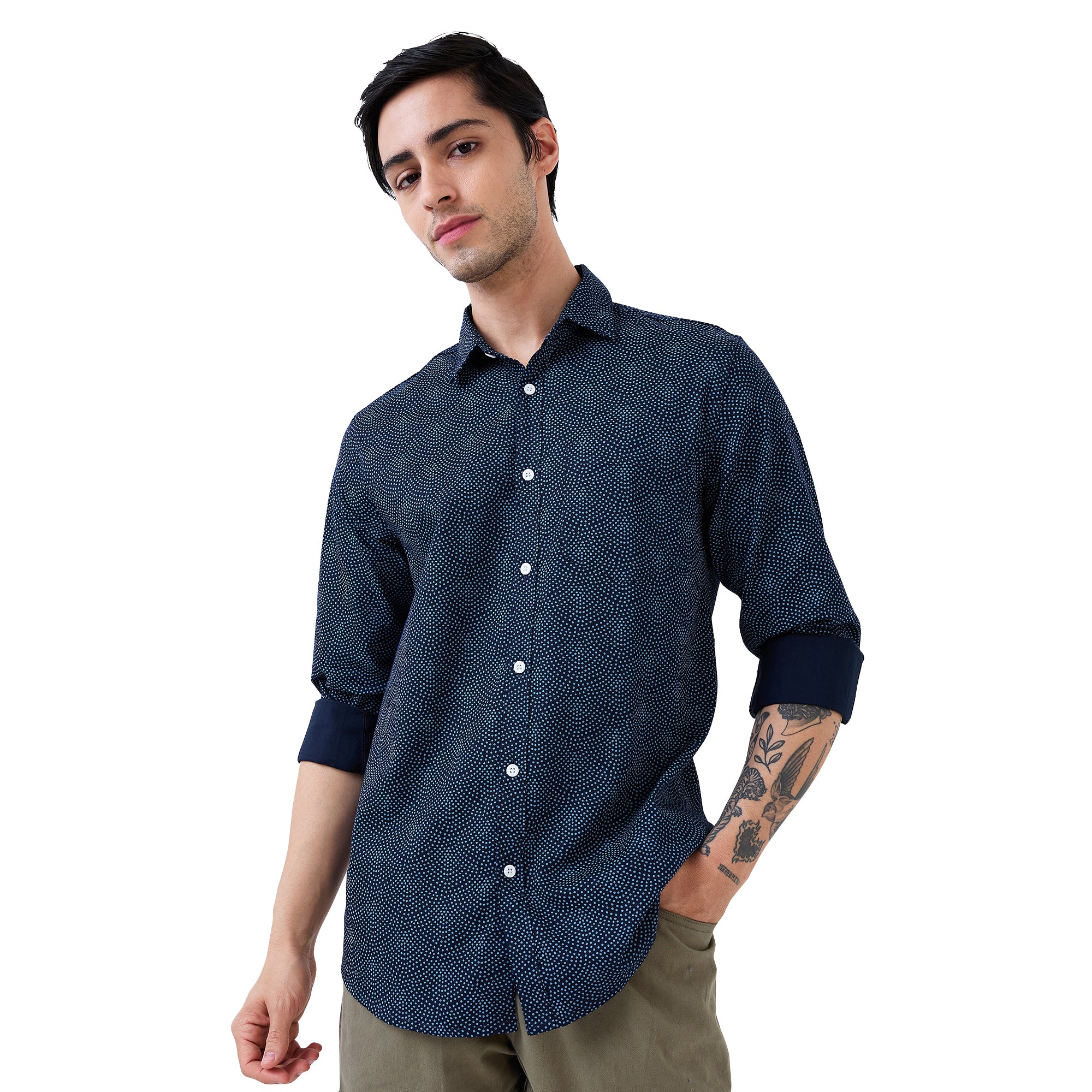 nick&jess Mens Casual Slimfit Spread Collar Stretch Spandex Printed Cotton long sleeve Shirt