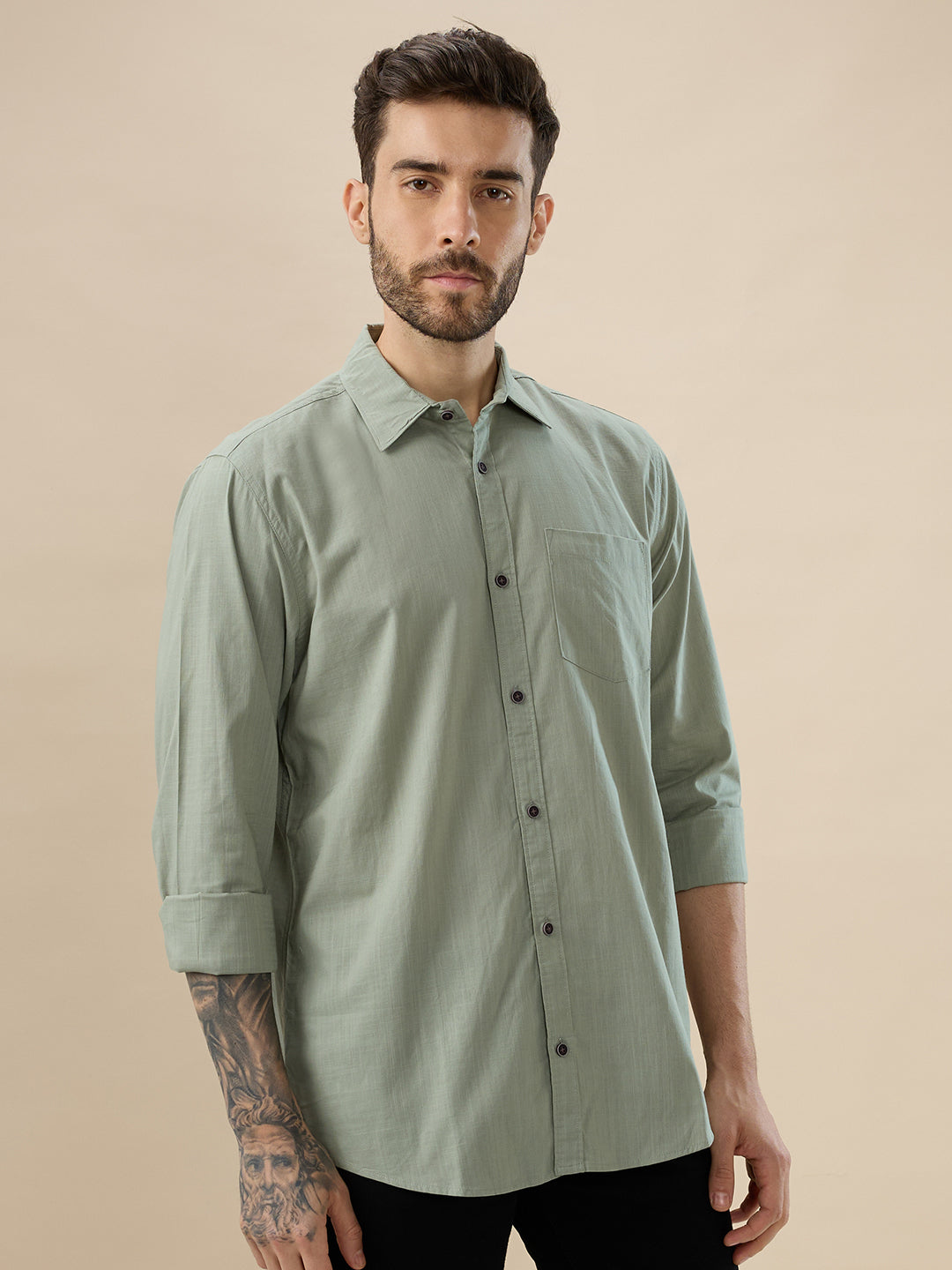 nick&jess 100% Cotton Mens Linen Blend Solid Color Green Slim Fit  Long Sleeves Shirt