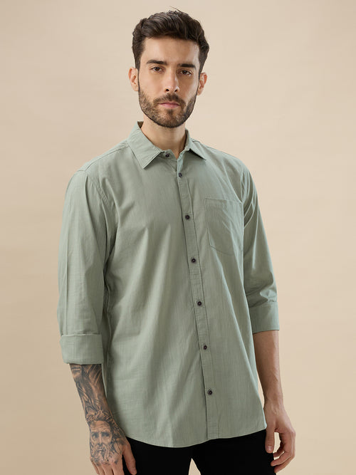 nick&jess 100% Cotton Mens Linen Blend Solid Color Green Slim Fit  Long Sleeves Shirt