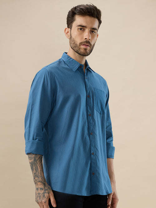 nick&jess 100% Cotton Mens Linen Blend Solid Color Royal Blue Slim Fit Long Sleeves Shirt