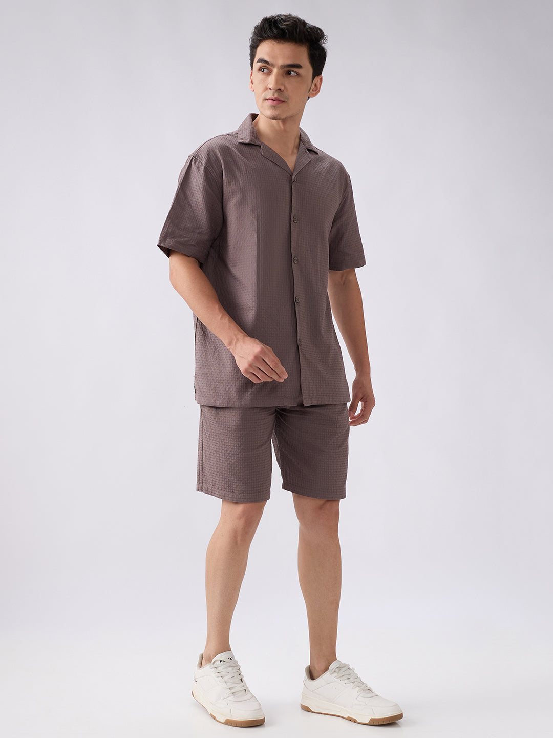nick&jess mens 100% Cotton Solid Medium Coffee Color With Dobby Texture Mens Co-ord set