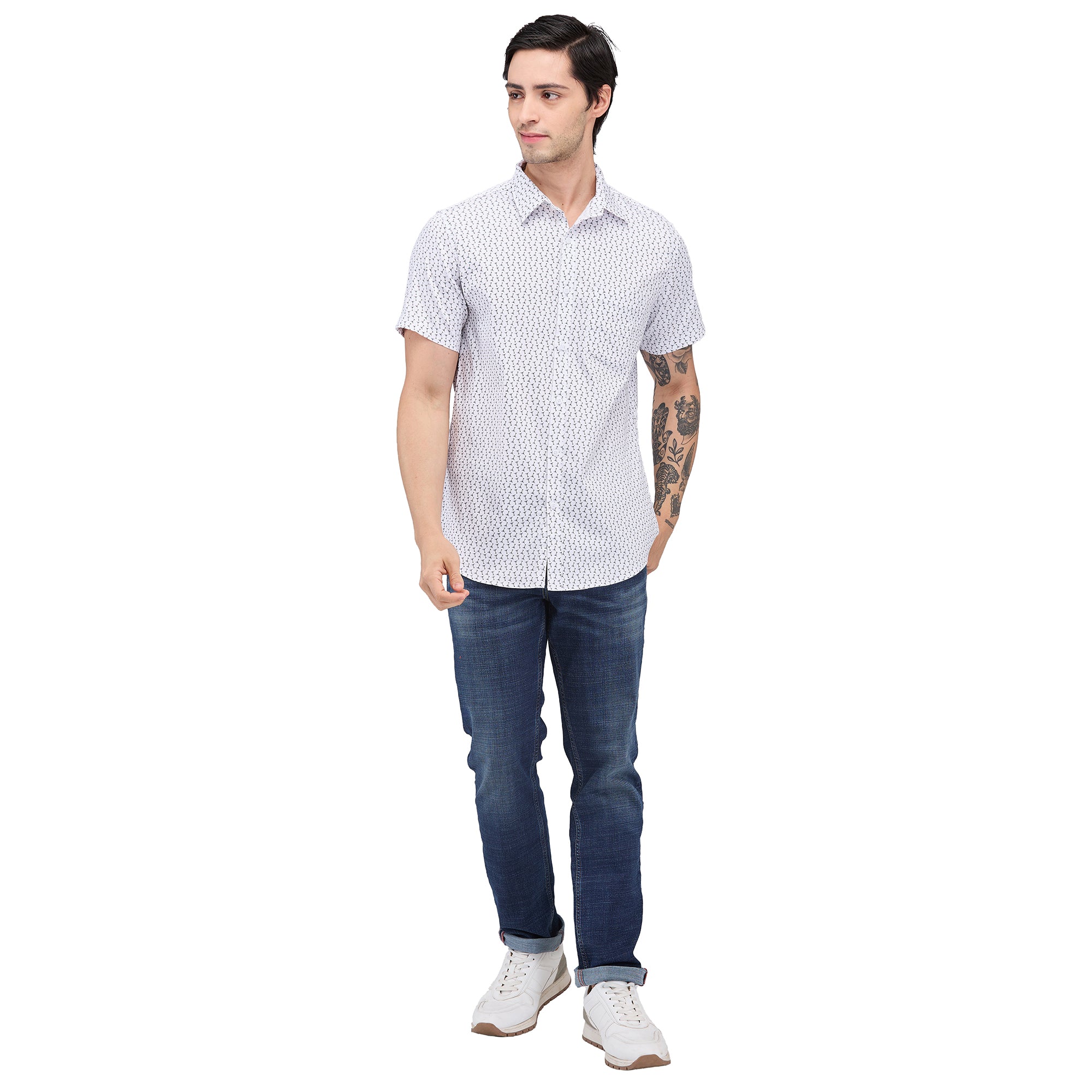 Nick&Jess Mens Slim Fit Half Sleeves Stretch Spandex Printed Cotton Shirt