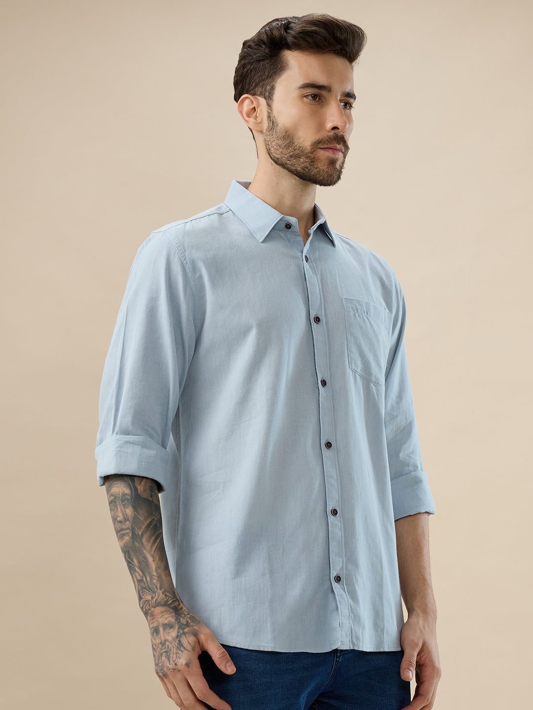 nick&jess 100% Cotton Mens Linen Blend Solid Color See Blue Slim Fit Long Sleeves Shirt