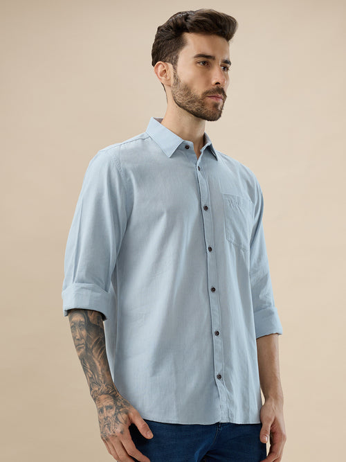 nick&jess 100% Cotton Mens Linen Blend Solid Color See Blue Slim Fit Long Sleeves Shirt
