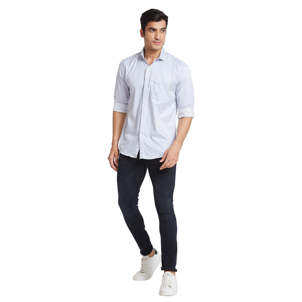 Nick&Jess Striped Spread Collar Long Sleeves Slim Fit Classic Cotton Satin Casual Shirt