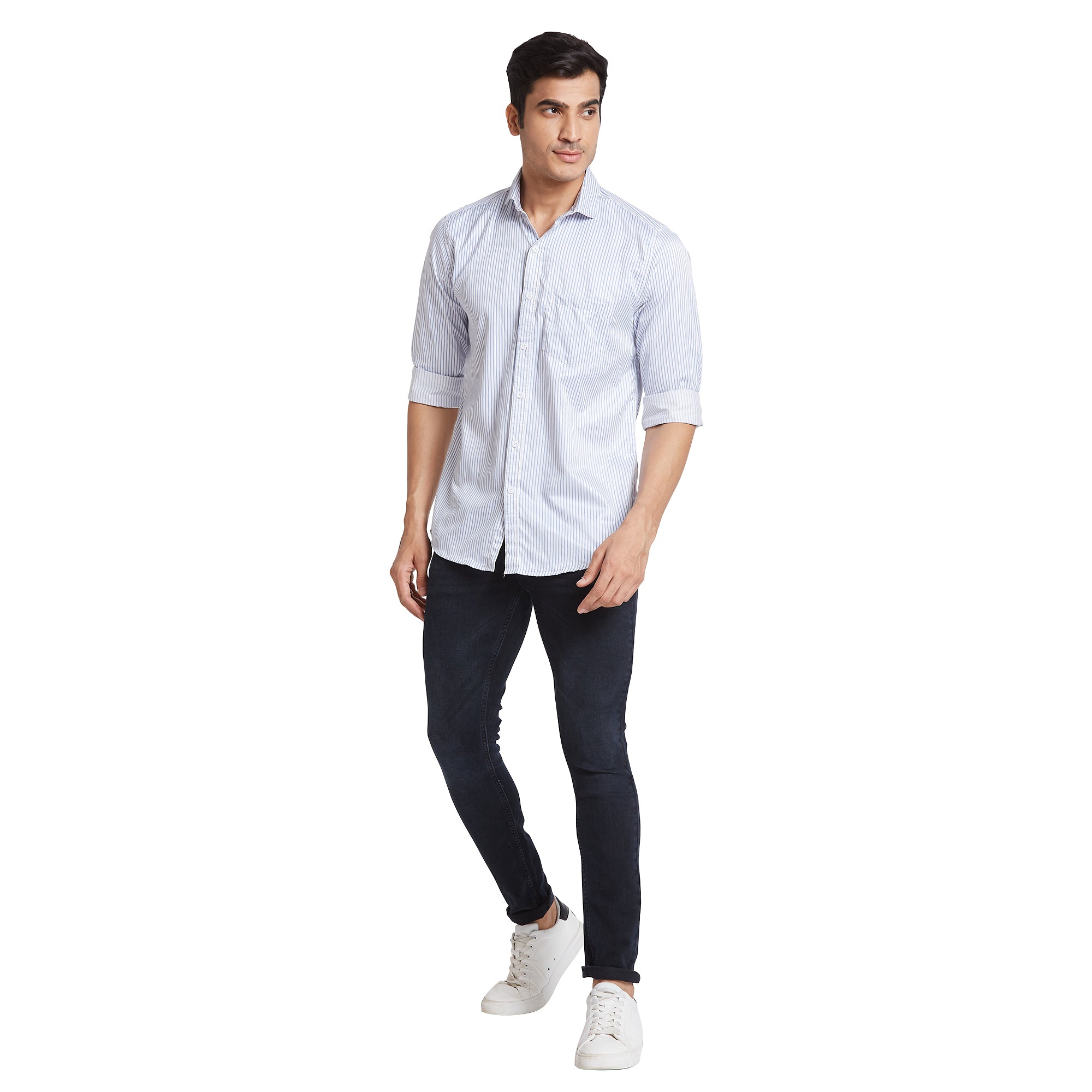 Nick&Jess Striped Spread Collar Long Sleeves Slim Fit Classic Cotton Satin Casual Shirt