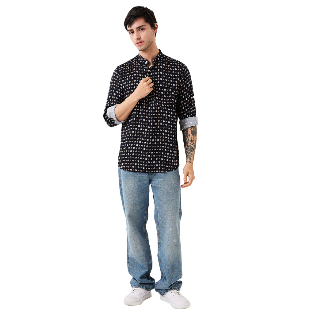 nick&jess Mens Henley Slim Fit 100% Rayon Twill Printed Short Kurta Shirt