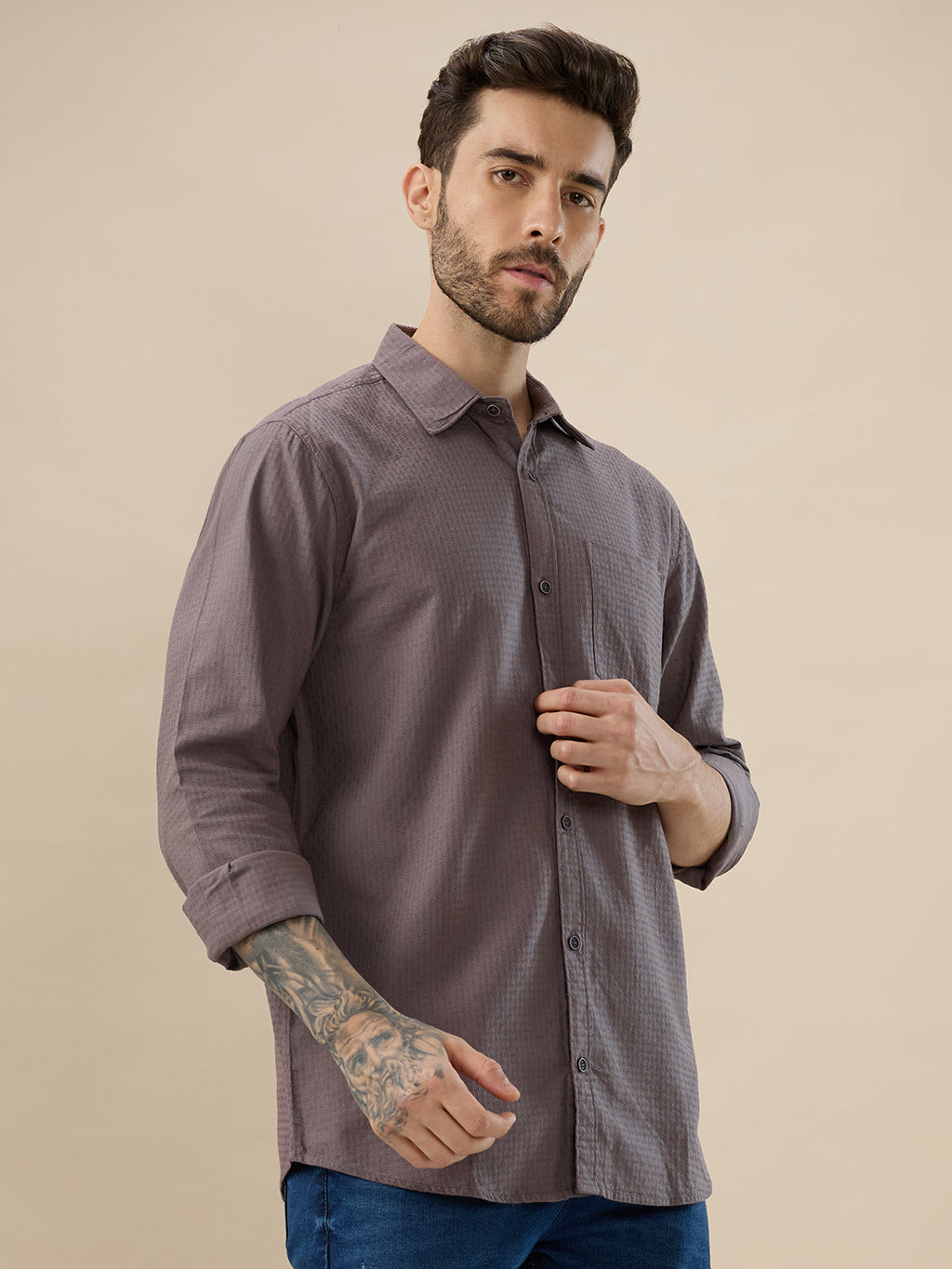 Nick&Jess 100% Cotton Mens Medium Coffee Solid Color Slim Fit Long Sleevess Shirts