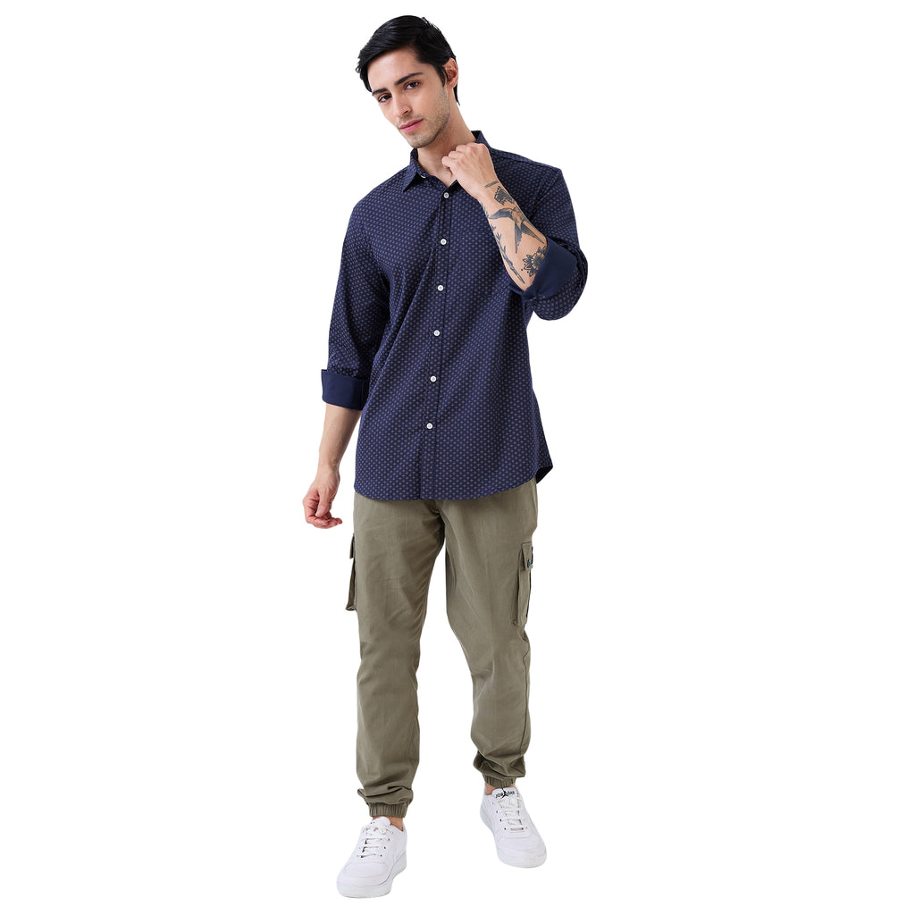 nick&jess Mens Casual Slimfit Spread Collar Stretch Spandex Printed Cotton Shirt Navy Blue