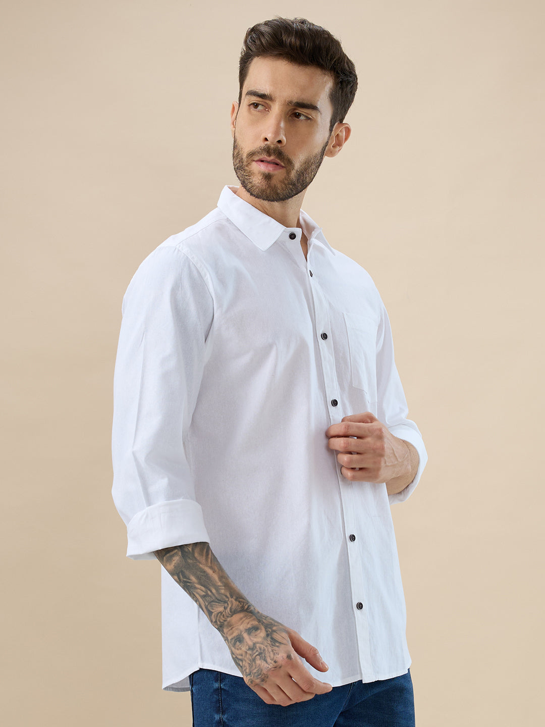 nick&jess 100% Cotton Mens Linen Blend Solid Color White Slim Fit Long Sleeves Shirt