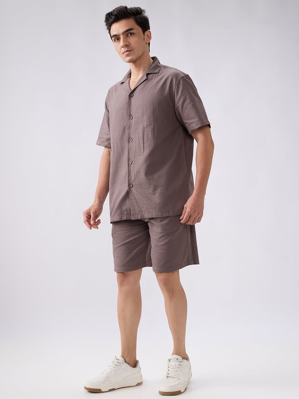 nick&jess mens 100% Cotton Solid Medium Coffee Color With Dobby Texture Mens Co-ord set