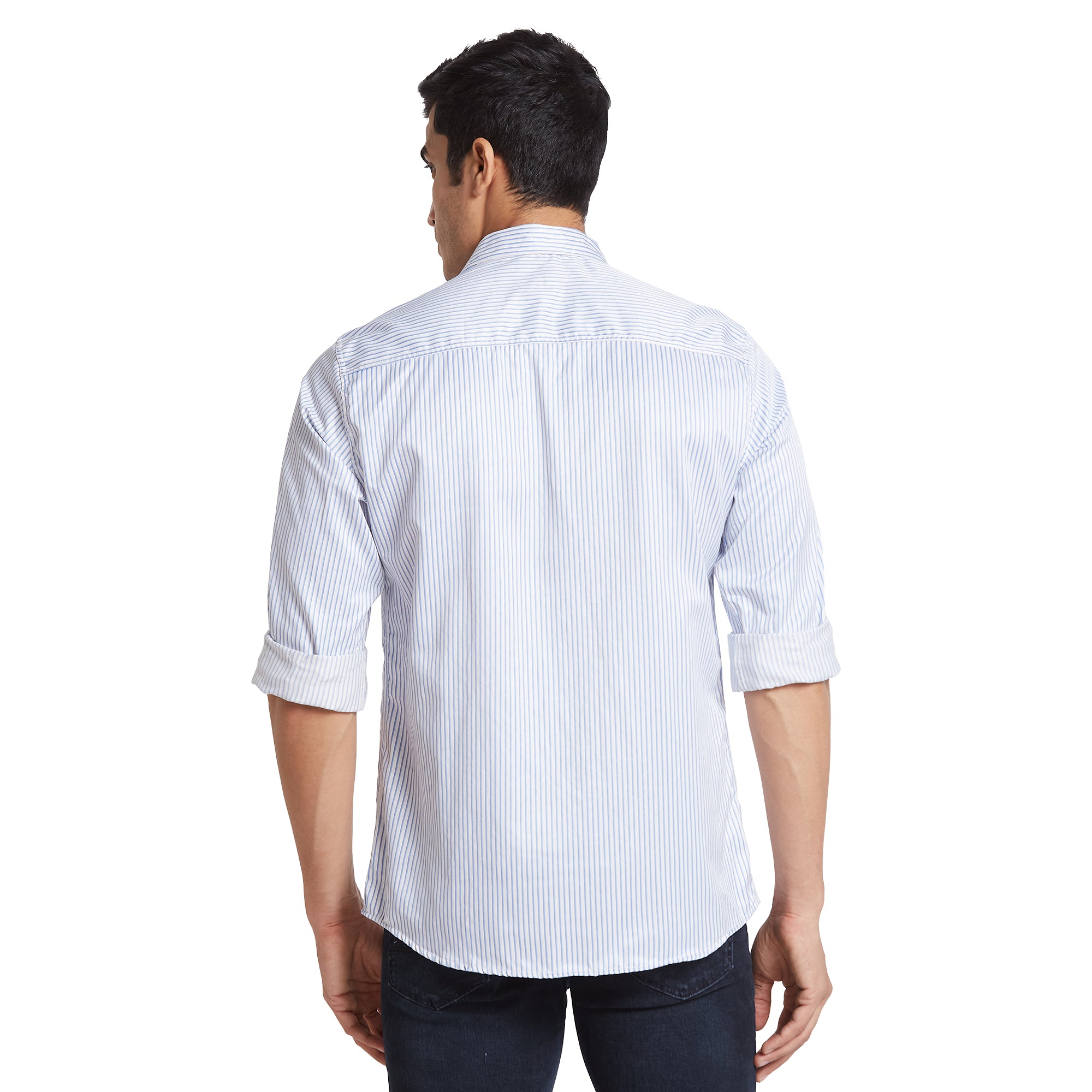 Nick&Jess Striped Spread Collar Long Sleeves Slim Fit Classic Cotton Satin Casual Shirt