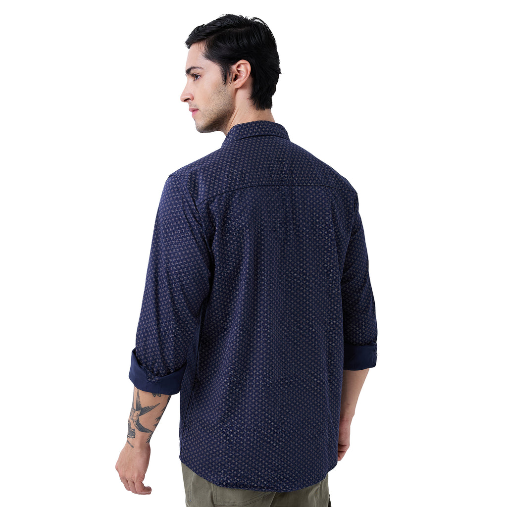 nick&jess Mens Casual Slimfit Spread Collar Stretch Spandex Printed Cotton Shirt Navy Blue