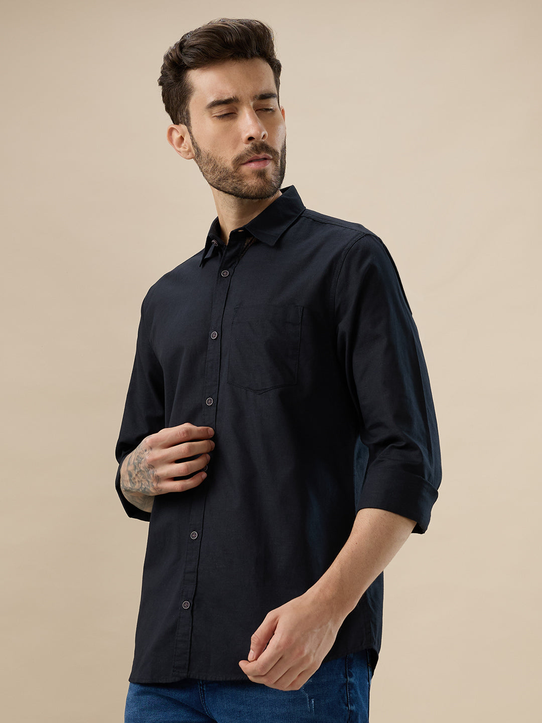 nick&jess 100% Cotton Mens Linen Blend Solid Color Black Slim Fit Long Sleeves Shirt