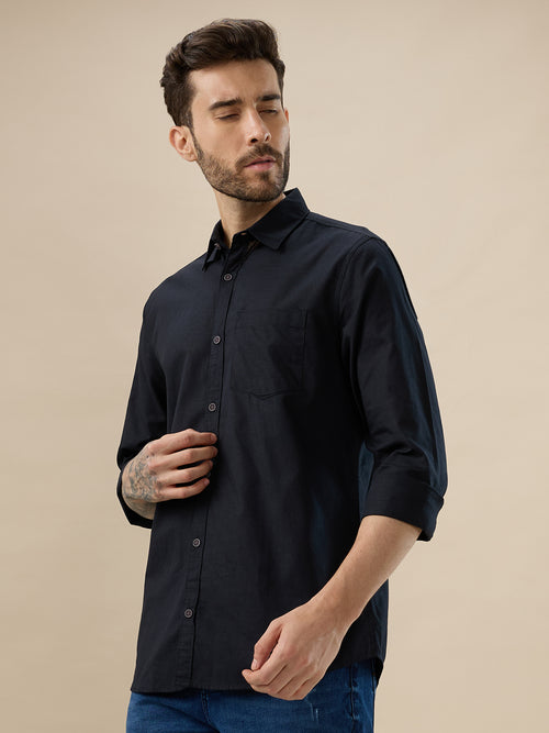 nick&jess 100% Cotton Mens Linen Blend Solid Color Black Slim Fit Long Sleeves Shirt