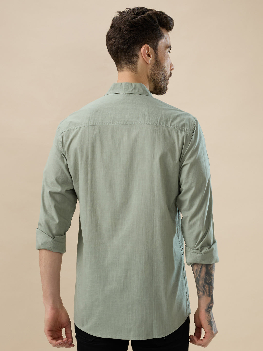 nick&jess 100% Cotton Mens Linen Blend Solid Color Green Slim Fit  Long Sleeves Shirt