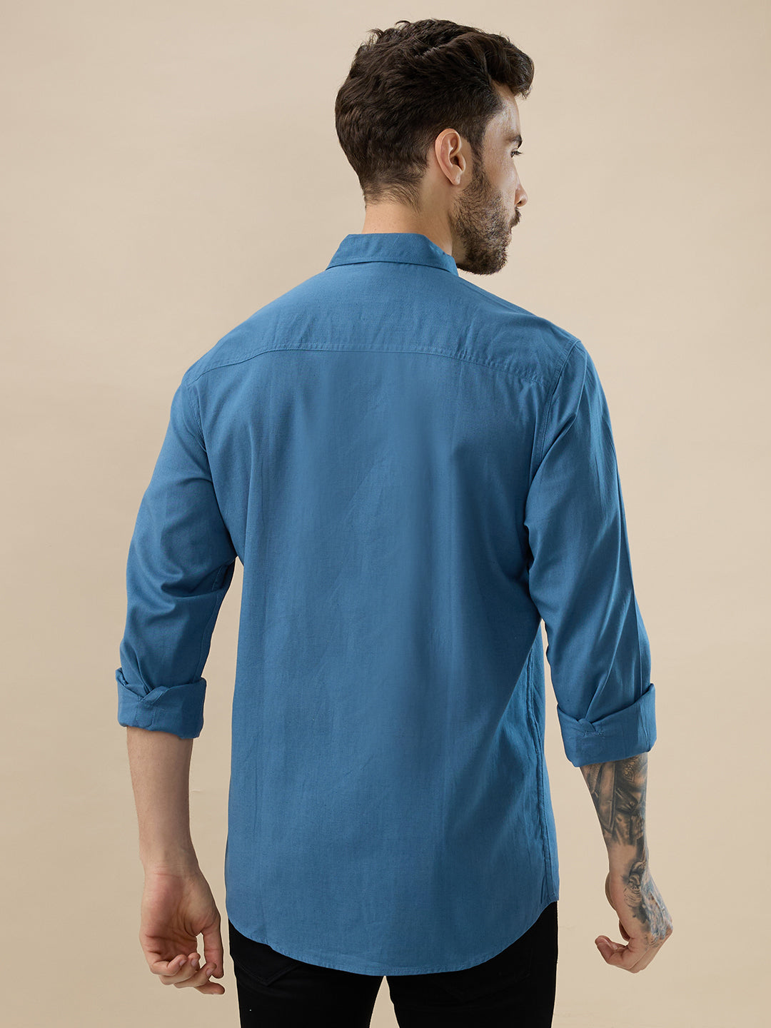 nick&jess 100% Cotton Mens Linen Blend Solid Color Royal Blue Slim Fit Long Sleeves Shirt