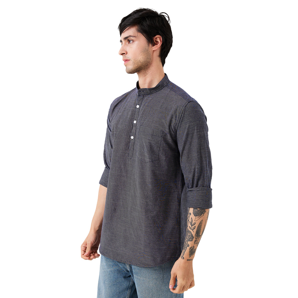 nick&jess Mens Henley Slim Fit 100% Cotton Indigo Stripe Denim Kurta Shirt