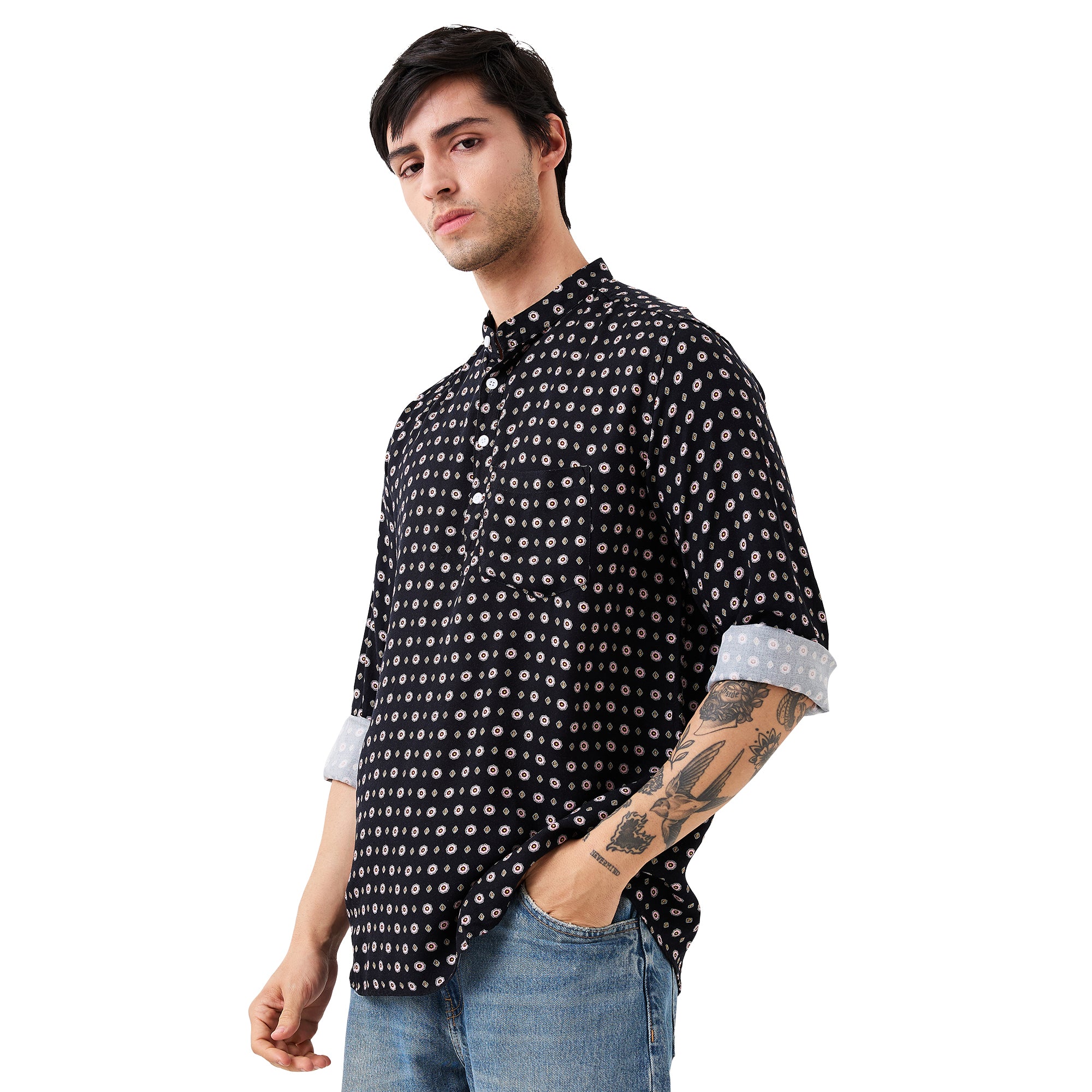 nick&jess Mens Henley Slim Fit 100% Rayon Twill Printed Short Kurta Shirt