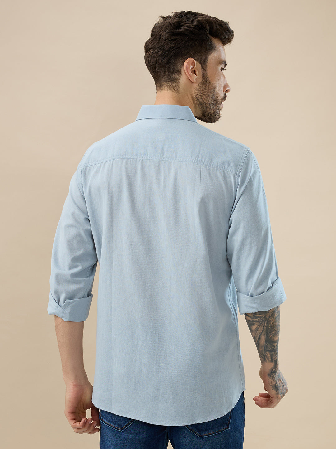 nick&jess 100% Cotton Mens Linen Blend Solid Color See Blue Slim Fit Long Sleeves Shirt
