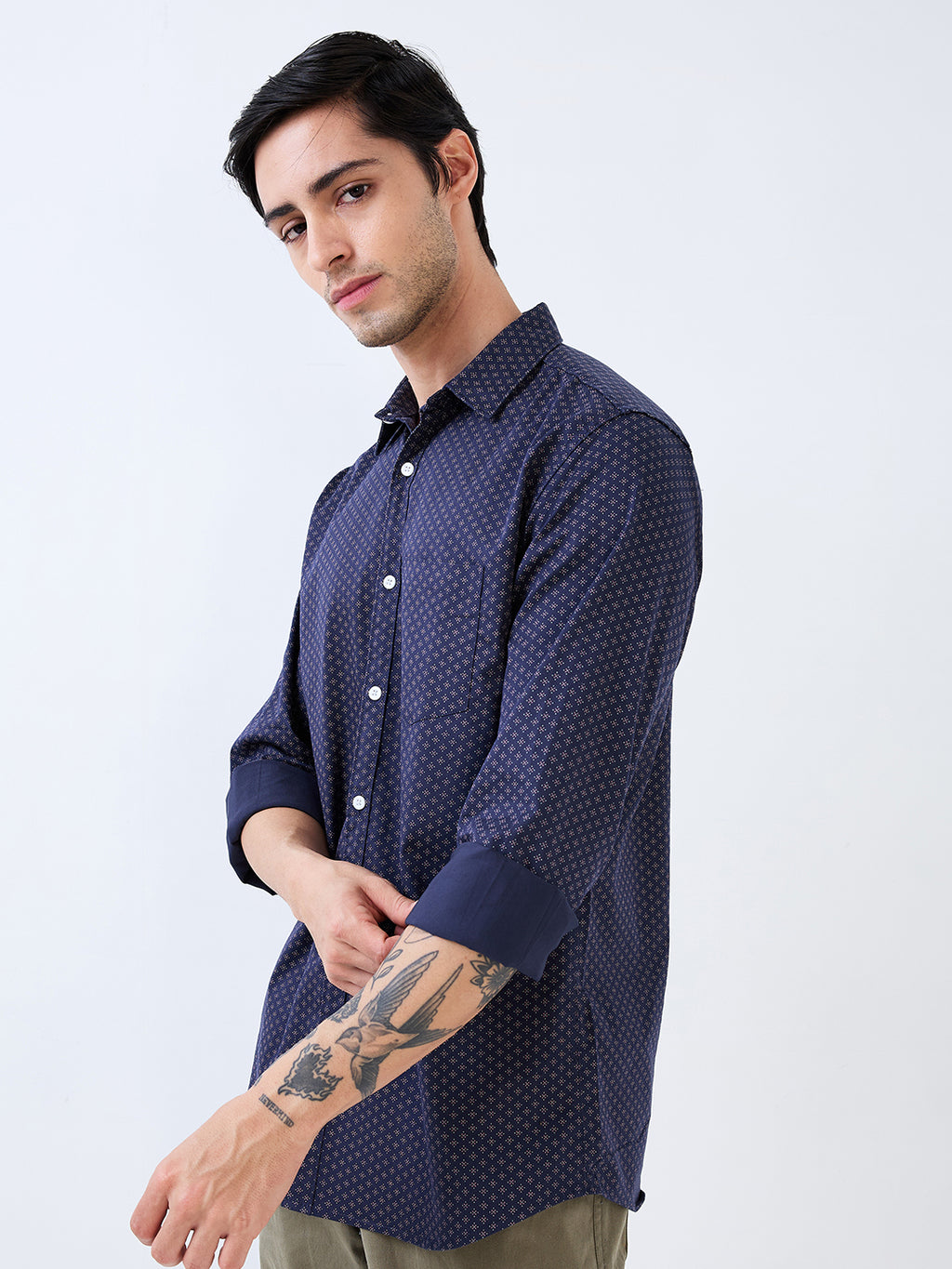 nick&jess Mens Casual Slimfit Spread Collar Stretch Spandex Printed Cotton Shirt Navy Blue