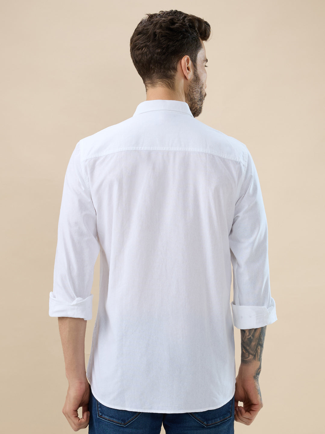 nick&jess 100% Cotton Mens Linen Blend Solid Color White Slim Fit Long Sleeves Shirt