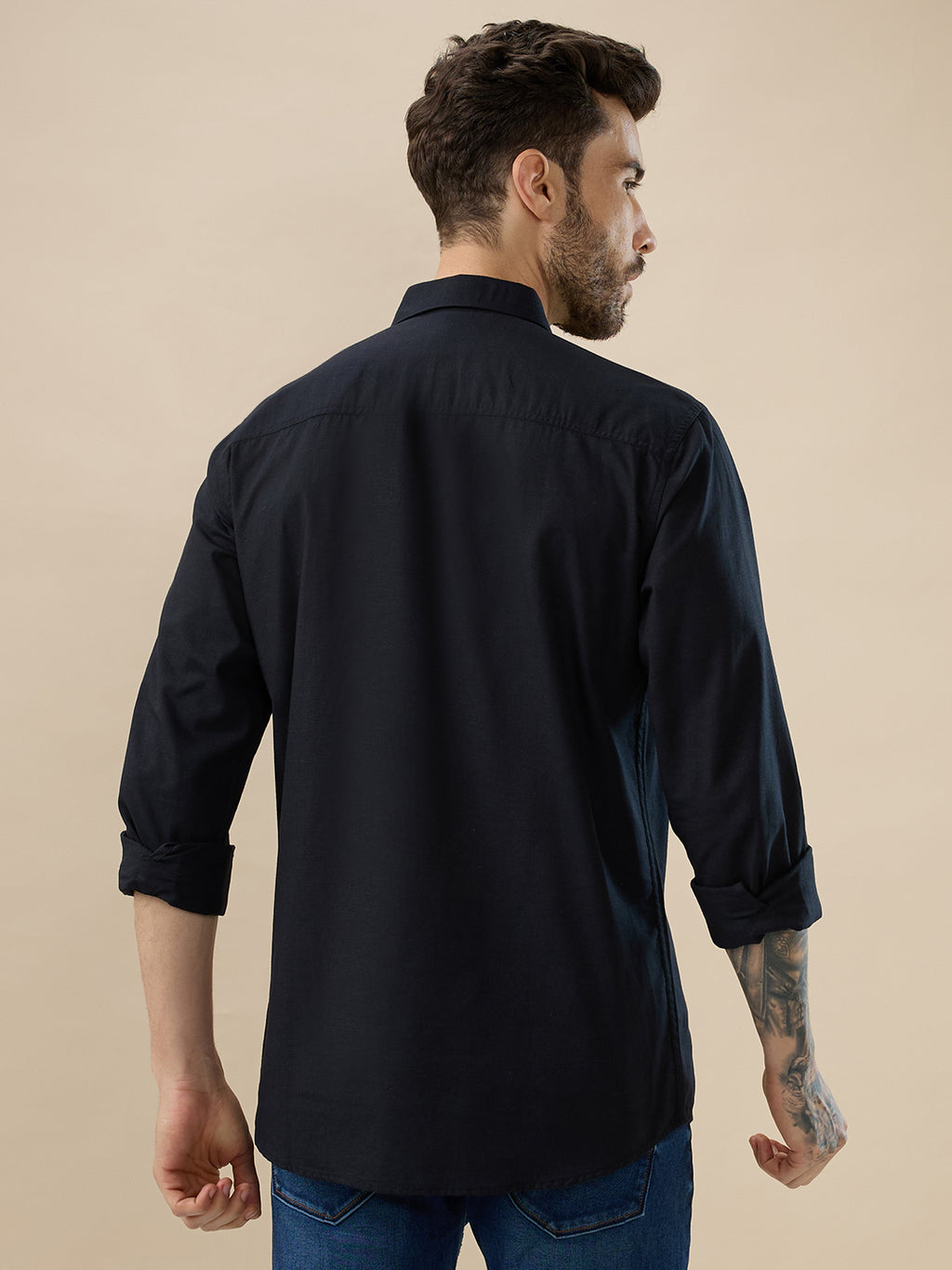 nick&jess 100% Cotton Mens Linen Blend Solid Color Black Slim Fit Long Sleeves Shirt