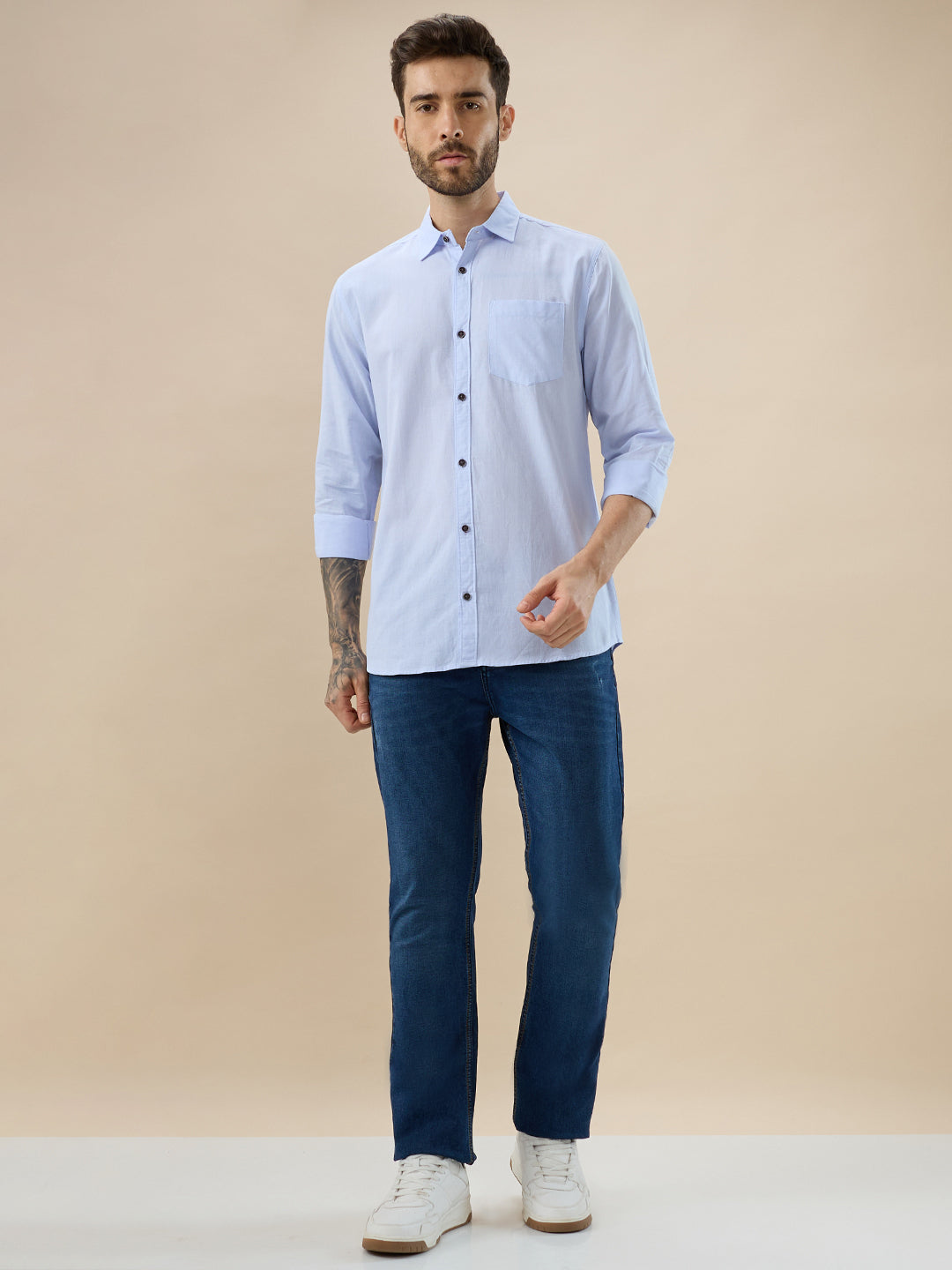 nick&jess 100% Cotton Mens Linen Blend Solid Sky Blue Color Slim Fit Long Sleeves Shirt