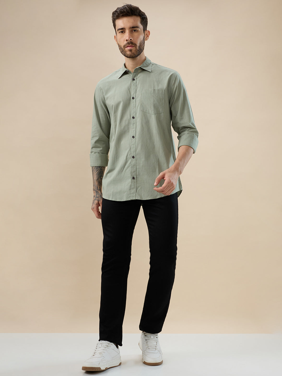nick&jess 100% Cotton Mens Linen Blend Solid Color Green Slim Fit  Long Sleeves Shirt