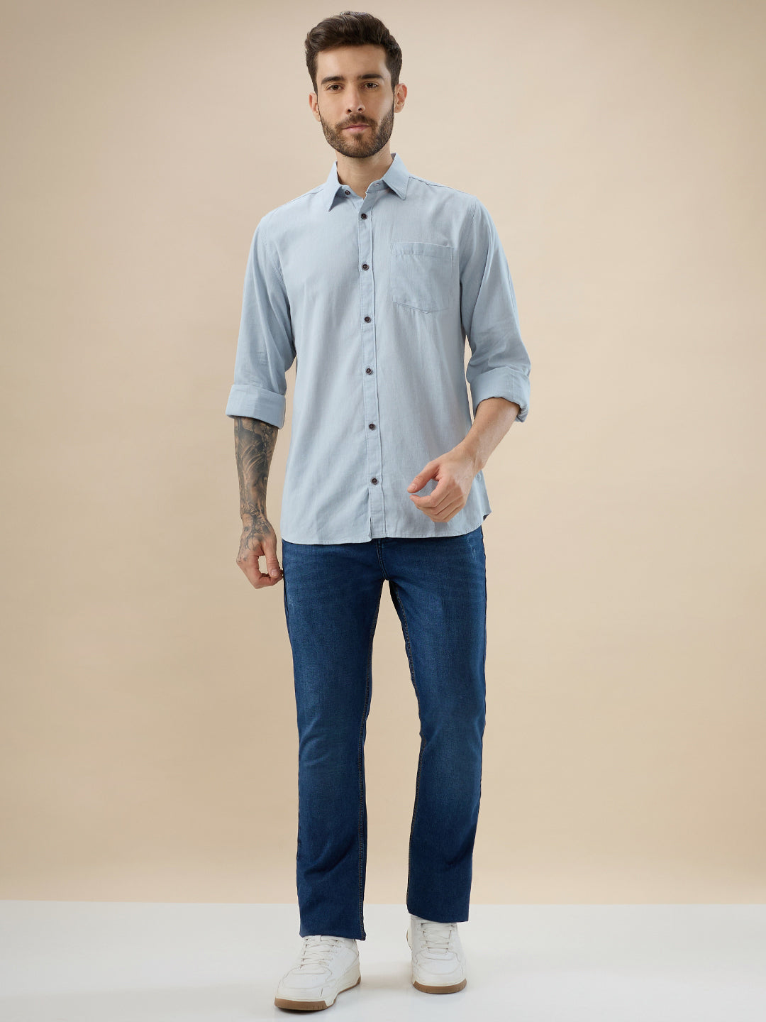 nick&jess 100% Cotton Mens Linen Blend Solid Color See Blue Slim Fit Long Sleeves Shirt