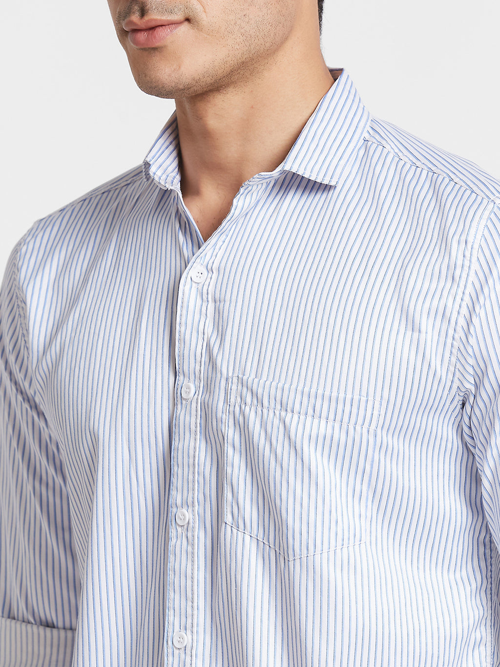 Nick&Jess Striped Spread Collar Long Sleeves Slim Fit Classic Cotton Satin Casual Shirt