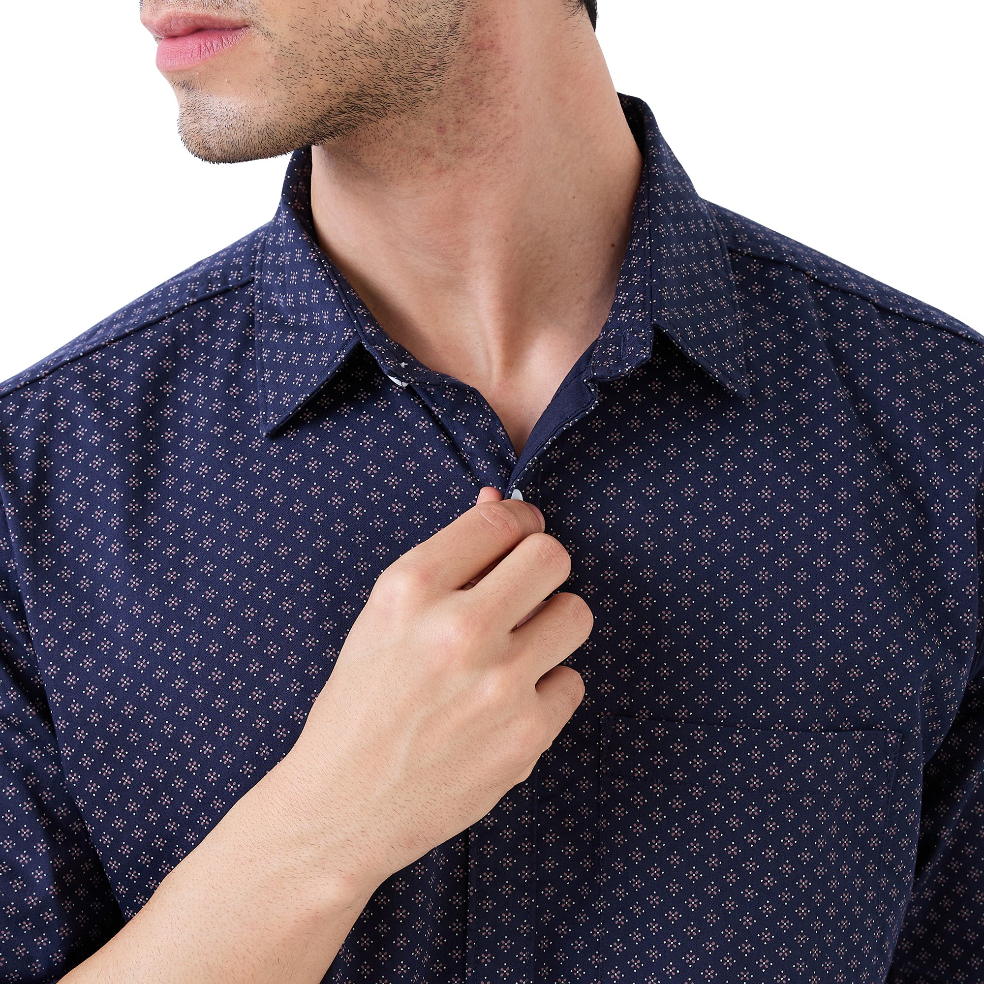 nick&jess Mens Casual Slimfit Spread Collar Stretch Spandex Printed Cotton Shirt Navy Blue