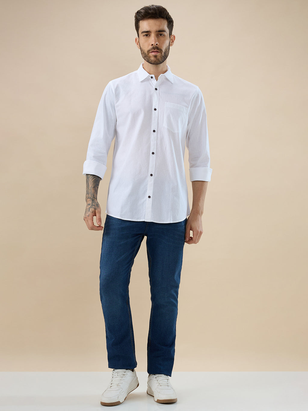 nick&jess 100% Cotton Mens Linen Blend Solid Color White Slim Fit Long Sleeves Shirt