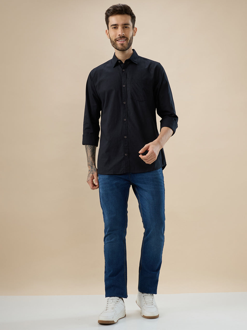 nick&jess 100% Cotton Mens Linen Blend Solid Color Black Slim Fit Long Sleeves Shirt