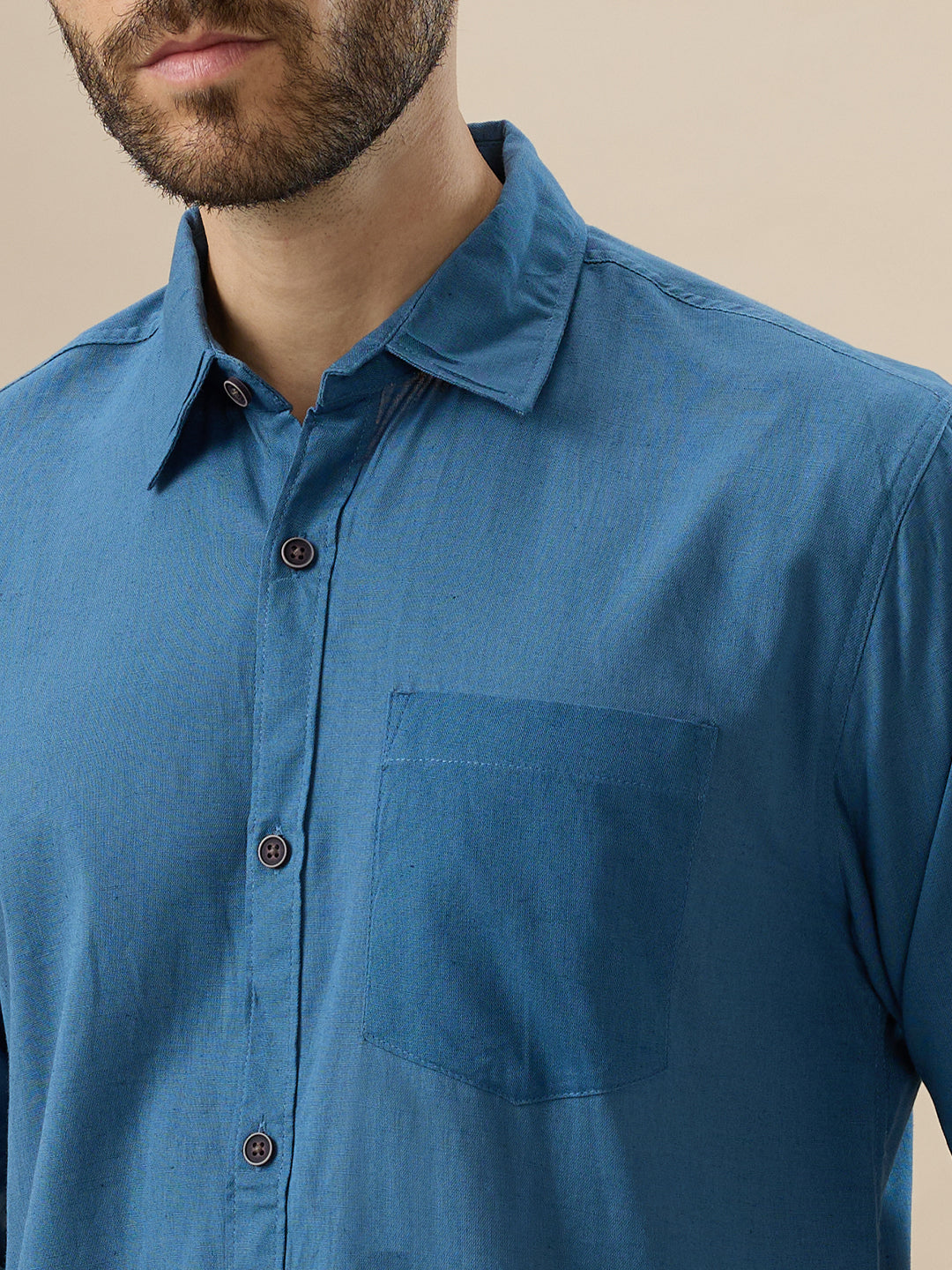 nick&jess 100% Cotton Mens Linen Blend Solid Color Royal Blue Slim Fit Long Sleeves Shirt
