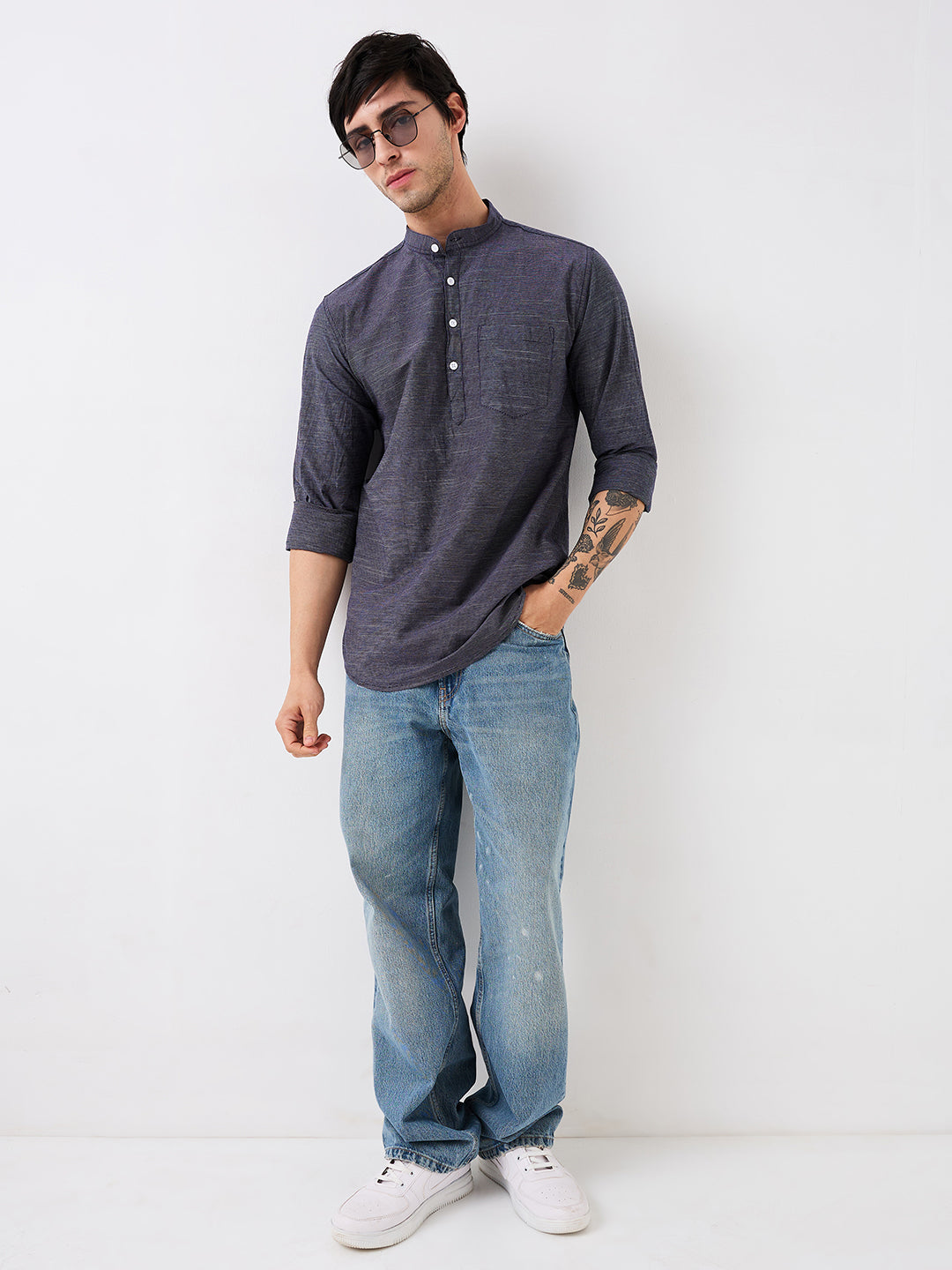 nick&jess Mens Henley Slim Fit 100% Cotton Indigo Stripe Denim Kurta Shirt