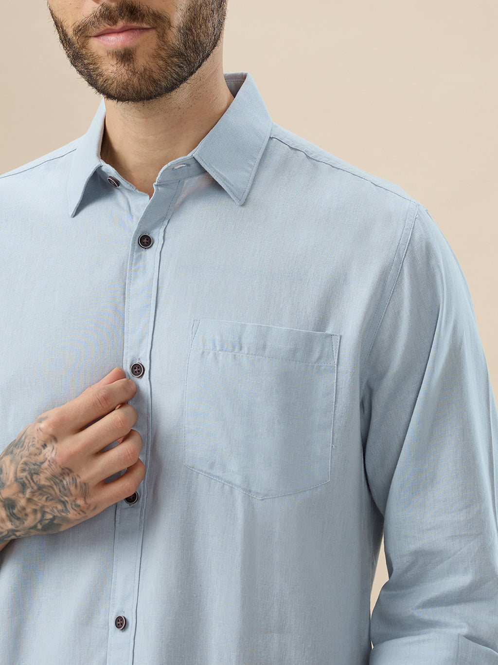 nick&jess 100% Cotton Mens Linen Blend Solid Color See Blue Slim Fit Long Sleeves Shirt