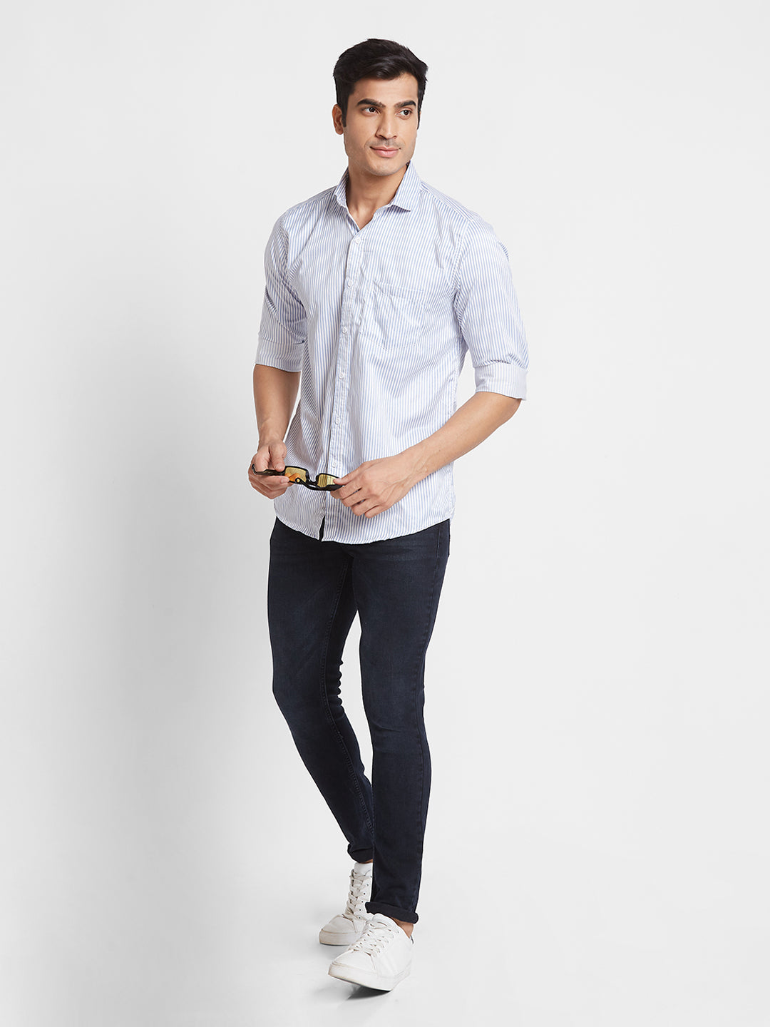 Nick&Jess Striped Spread Collar Long Sleeves Slim Fit Classic Cotton Satin Casual Shirt