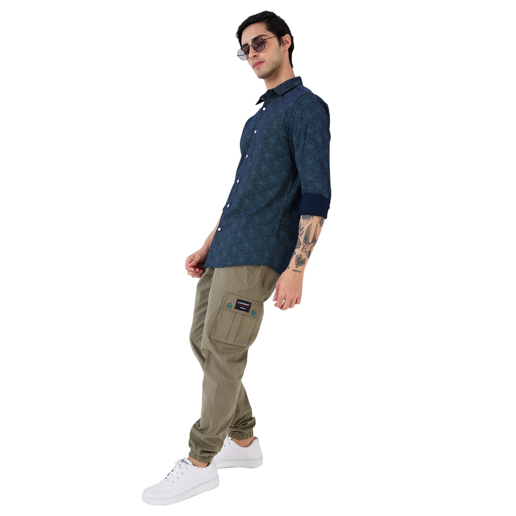 nick&jess Mens Casual Slimfit Spread Collar Stretch Spandex Printed Cotton long sleeve Shirt